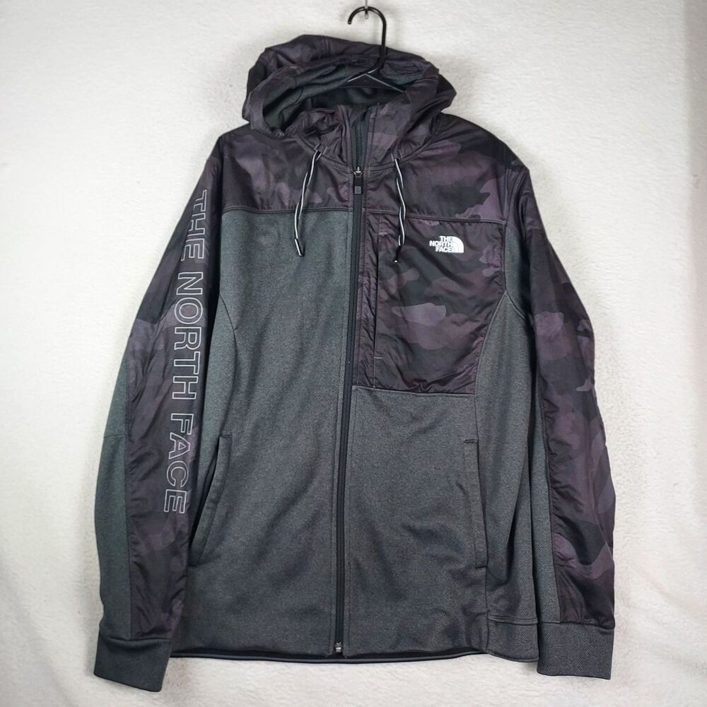 The North Face Mens Large Full Zip Hooded Fleece Jacket Gray Black Camo Logo